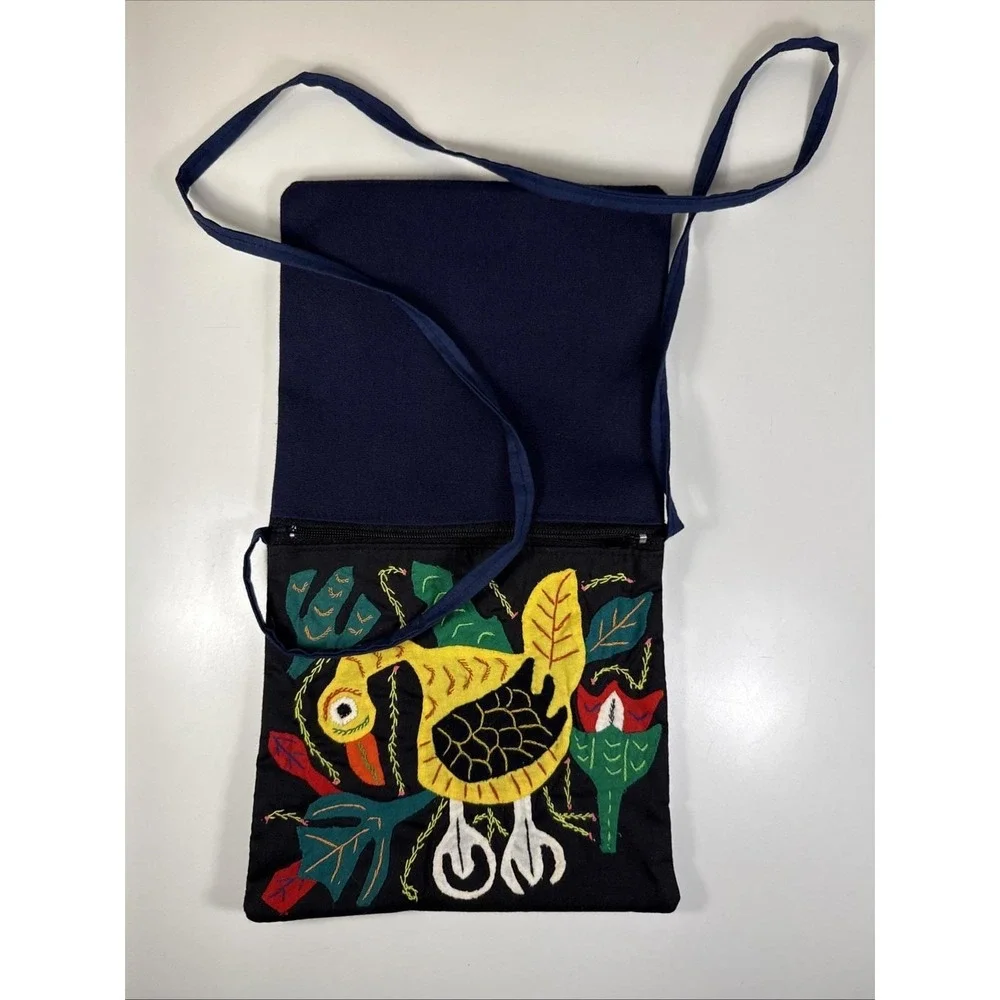 Vintage 1990s Cloth Purse Hand Appliqued Bird Double Pockets Zippered Boho 6.5